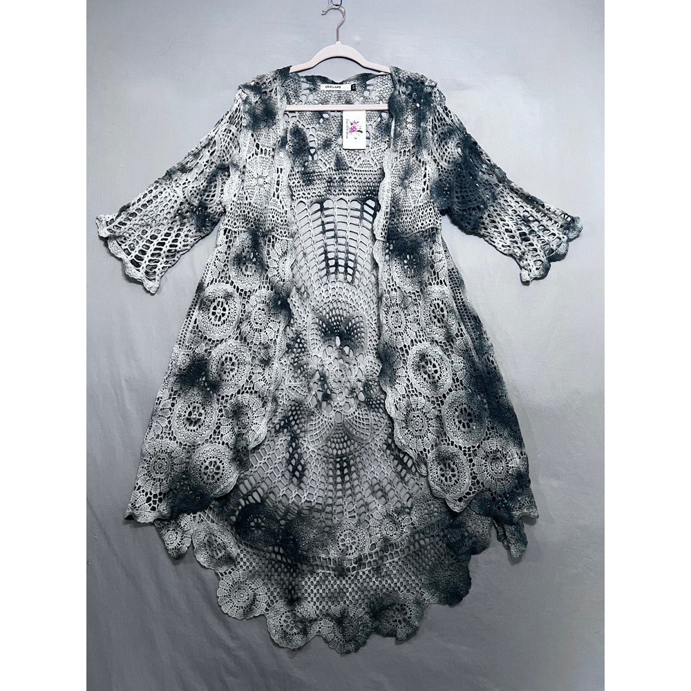 Origami Tie Dye Crochet Cardigan Grey White Open Knit High Low Boho Wrap S/M